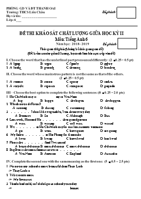 Đề thi khảo sát chất lượng giữa học kỳ II môn Tiếng Anh Lớp 6+7+8+9 - Năm học 2018-2019 - Phòng Giáo dục và đào tạo Thanh Oai (Có đáp án)